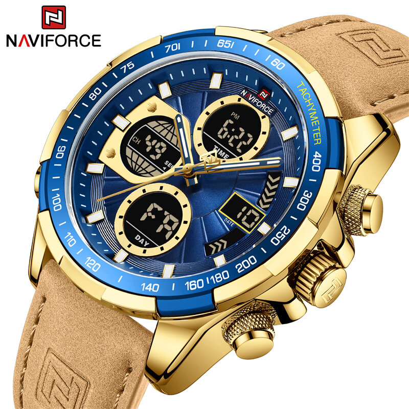 NAVIFORCE-새로운 패션 남성 시계, 빛나는 LCD 디스플레이 남성 시계 방수 석영 정품 가죽 손목 시계