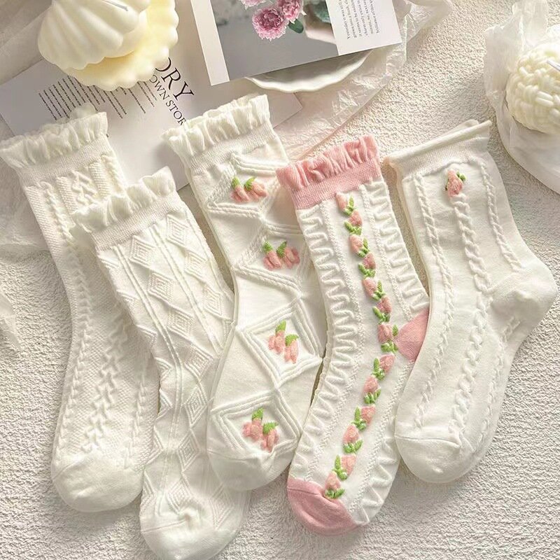 Kaus kaki wanita Harajuku Lolita, 5 pasang kaus kaki katun renda putih putih, kaus kaki gaya merah muda dengan kerutan