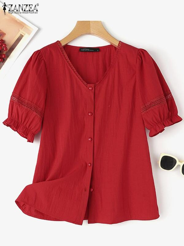 ZANZEA-camisa de crochê feminina, blusa casual de trabalho, manga curta, botões para baixo, chemise patchwork, túnica, OL elegante, verão