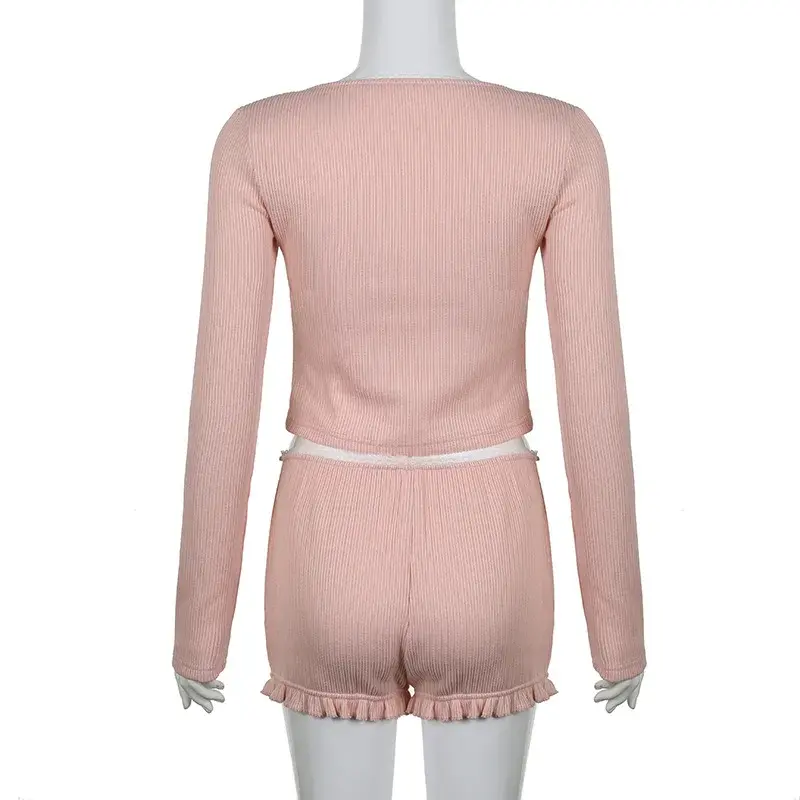 2023 Autumn New Women's Pure Desire Style Lace Spliced Square Neck Top Versatile Wrap Hip Shorts Set for Women