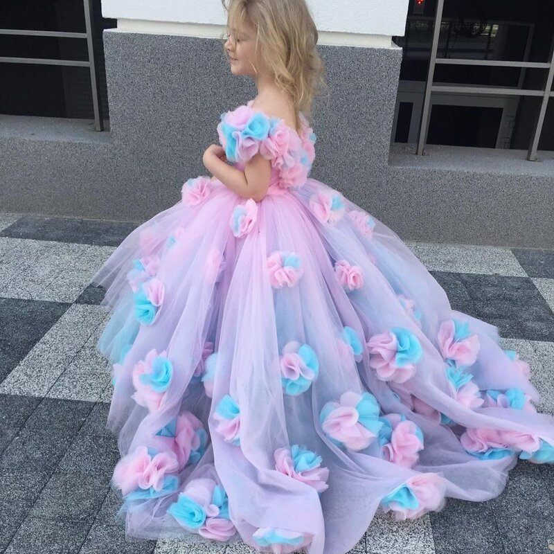 Fatapese różowy kostium jednorożec dziewczęca sukienka w kwiaty na wesele księżniczka Brithday strój tęczowy maluch odzież dziecięca