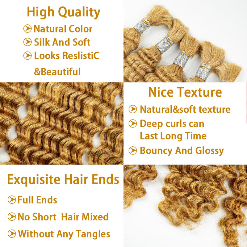 CUBIC Honey Blonde Deep Wave Hair Bulk for Braiding Bundles No Weft Brazilian Human Hair for Boho Braids 100% Human Hair