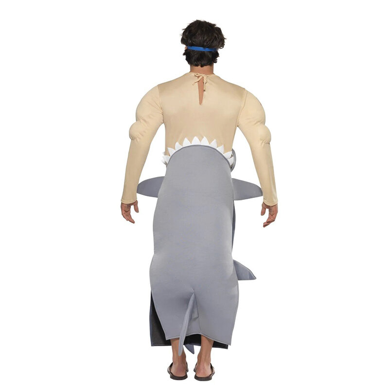 ผู้ชายกินฉลามเครื่องแต่งกายที่น่ากลัวเลือดฉลาม J umpsuit เครื่องแต่งกายวันฮาโลวีนสำหรับผู้ใหญ่หนุ่มหุ่นล่ำคอสเพลย์เทศกาลพรรค Purim
