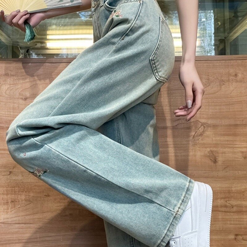 Jeans com estampa floral feminina, calça reta, combina com tudo, estética, simples, moda para o trajeto diário, casual, estilo francês, nova chegada