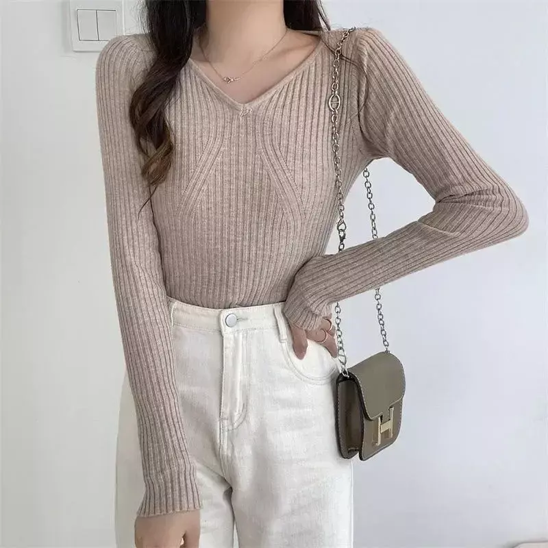Bottoming Color Top Winter Knitted Thickened Thermal Underwear Long-sleeved Velvet Women V-neck Sweater Shirt Solid