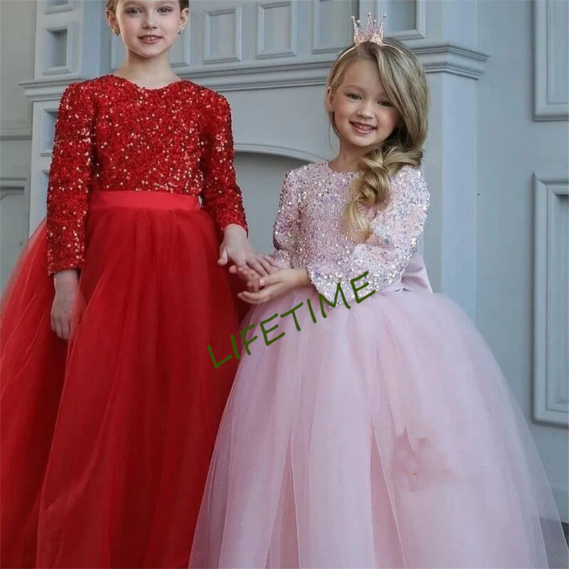 Blush Pink Flower Girl Vestidos para crianças, Lace Floral Appliqulies, Bow Buttons, Bridesmaid Bless Evening Party Wedding