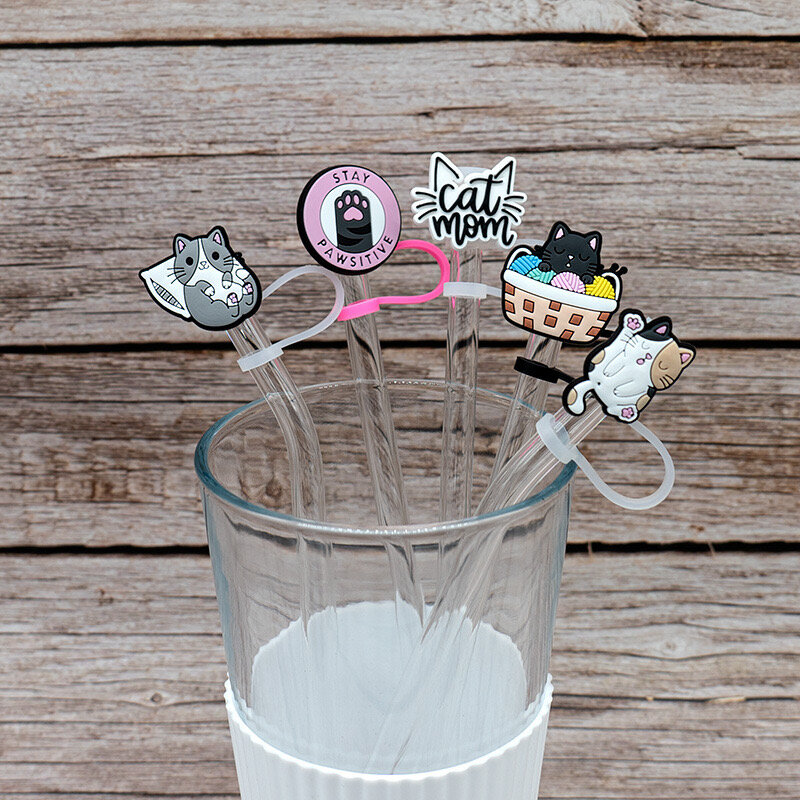 Cute Cat-cubierta de pajita de silicona para bebidas, tapón reutilizable a prueba de salpicaduras, accesorios para vasos, serie 1-8 piezas, 10MM
