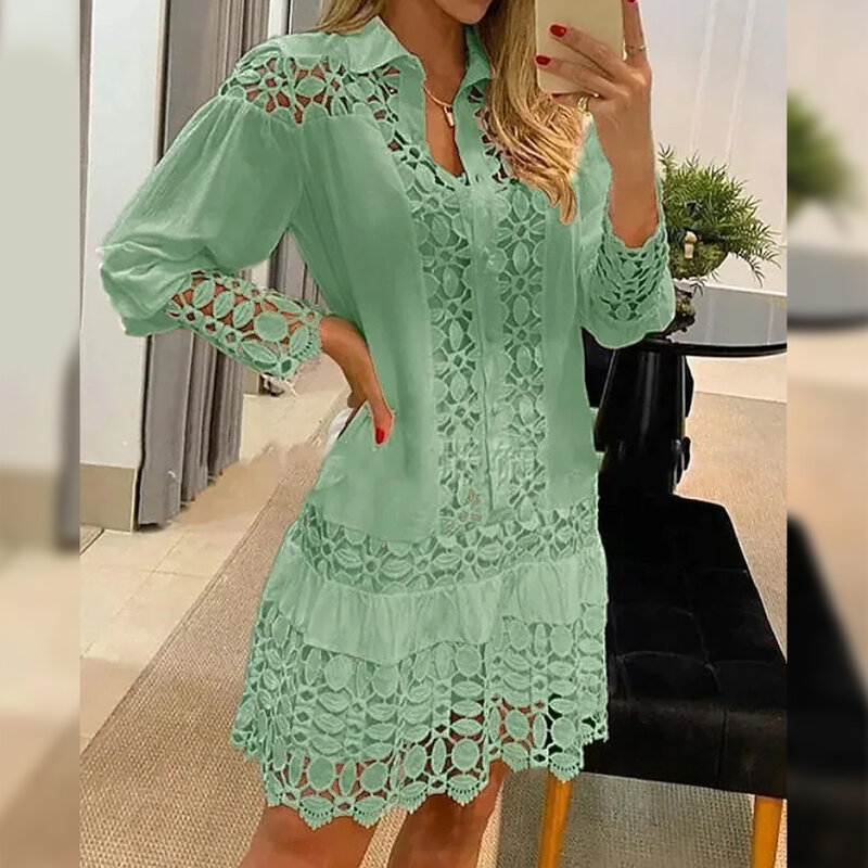 Sexy Women\'s Hollow Out Lace Dresses Solid Color Single Breasted Splicing Long Sleeve Cutout Shirt Female Dress Clothing