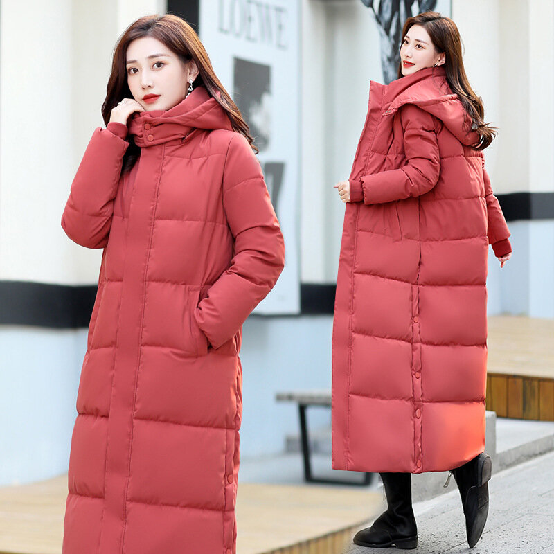 Sobretudos casuais femininos com capuz, parkas para neve, casaco longo grosso quente, top acolchoado de algodão, estilo coreano, inverno