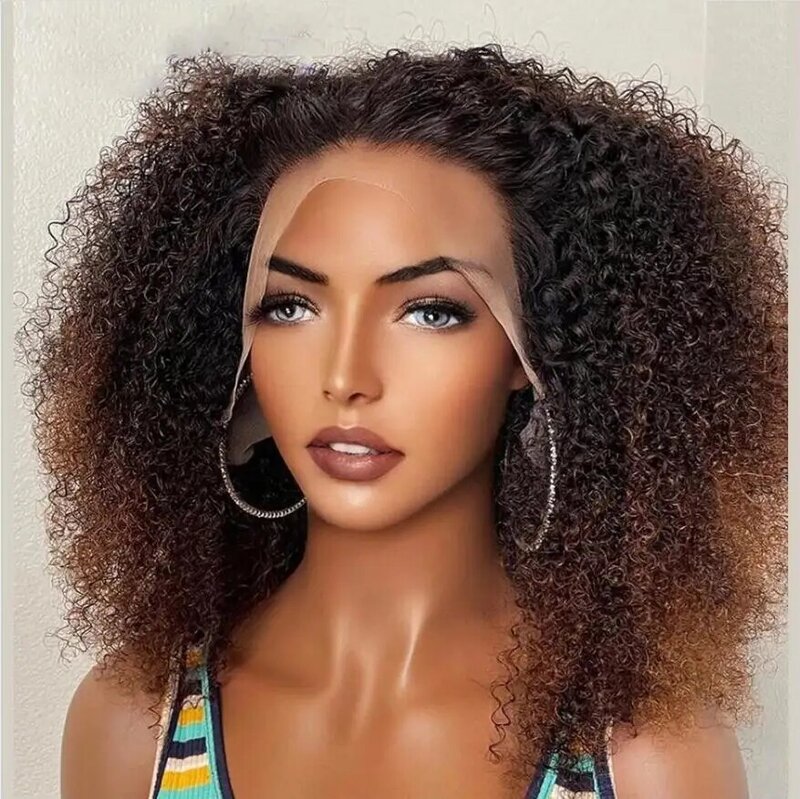 180Density 26" Soft Natural Ombre Brown Deep Curly  Lace Front Wig For Black Women BabyHair Glueless Preplucked Heat Resistant