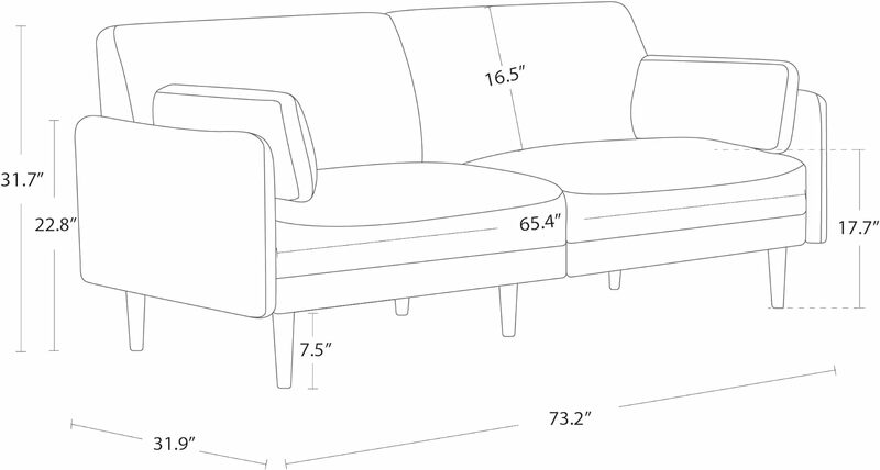 أريكة حديثة من القماش في منتصف القرن لغرفة المعيشة ، أرجل خشبية صلبة ، مجموعة بدون أدوات ، 73 في ،