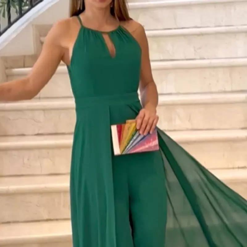 Fashion Sleeveless Hollow Out Cloak Playsuit Elegant Solid Green Long Jumpsuits Summer Ladies High Waist Wide Leg Pants Romper