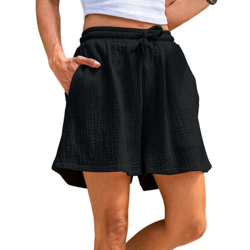 Pantalones cortos de Color liso para mujer, Shorts con cordón de cintura elástica, con bolsillos, holgados, de pierna ancha, informales, para verano