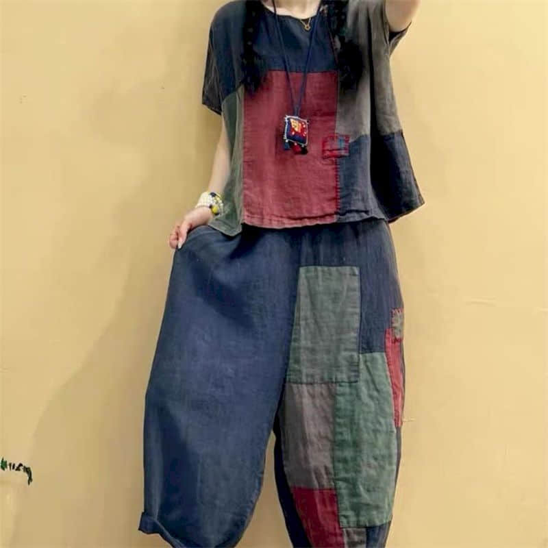 Cotton Linen Patchwork Vintage Shirt And Casual Harem Pants Oversized Korean Fashion Two Piece Sets Women Outfits
