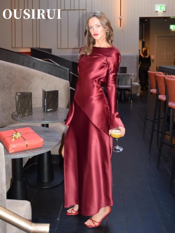 OUSIRUI Backless manica lunga Solid Satin Split Maxi Dress Femme Chic Slim Party Dresses elegante abito da sera autunnale da donna