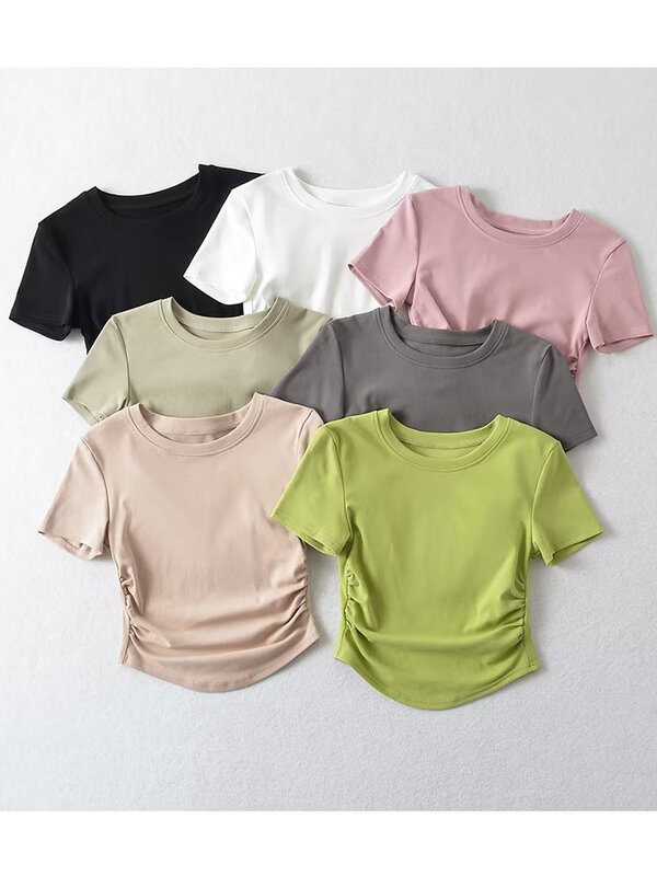 Camiseta de algodão manga curta gola redonda para mulheres, tee Harajuku com detalhes laterais ruched, 2023