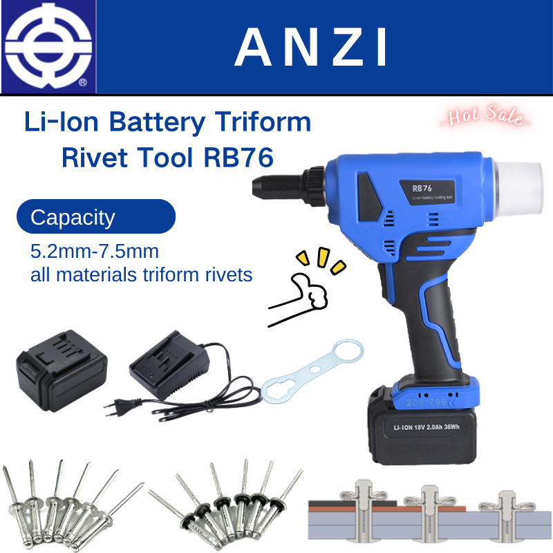 ANZI  RB76 5.2/6.4/7.5mm   Triform Rivet gun   Battery Riveting Tool Cordless Rivet Setting Tool