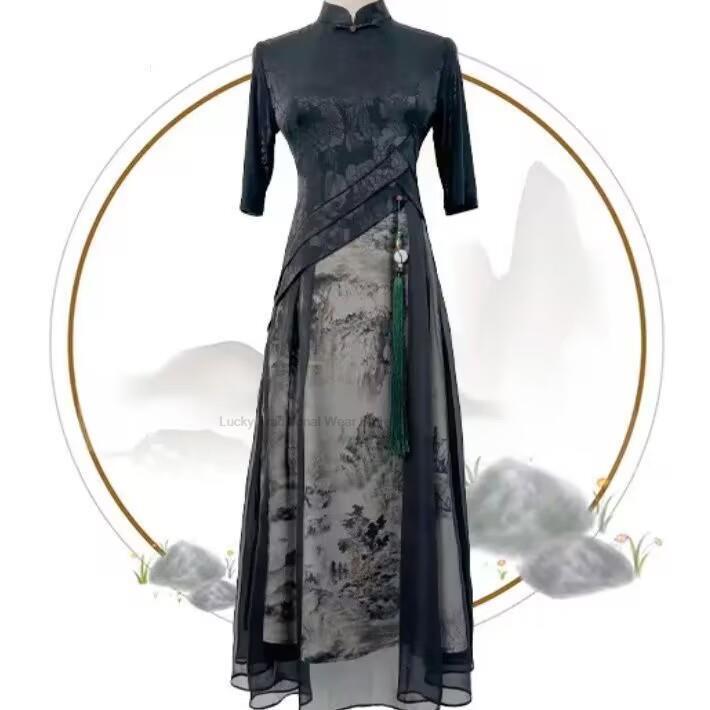 チャイナドレス-中国風の夏の新作コレクション,チャイナドレス,半袖,タッセル,ステッチデザイン