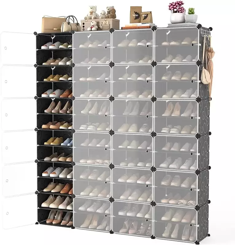 Wcukai rak Organizer portabel dengan pintu, 96 pasang kabinet penyimpanan mudah dirakit, plastik dapat disesuaikan