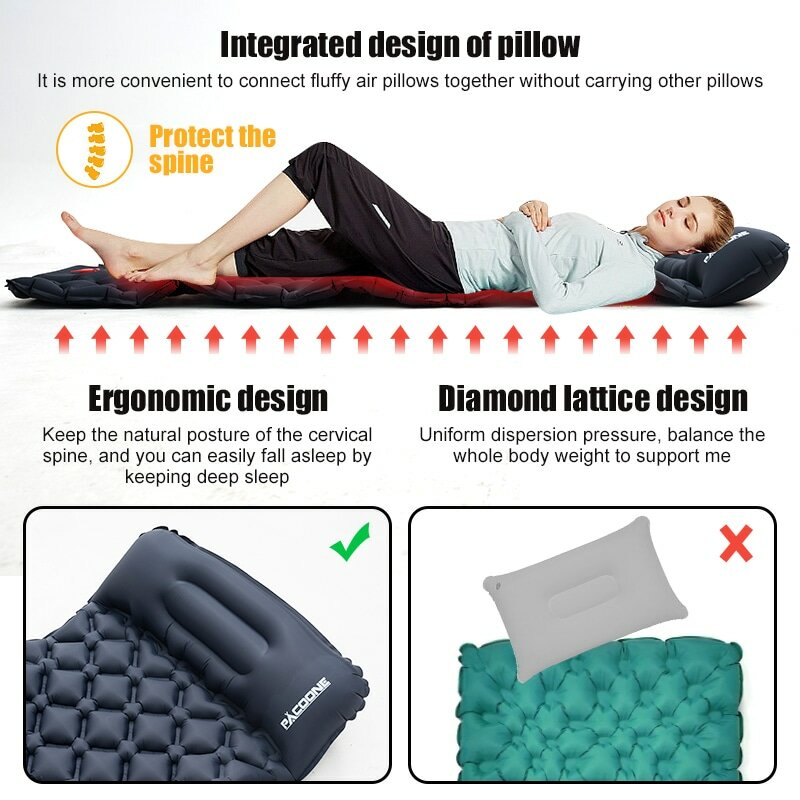 PACOONE Kasur Tiup Bantalan Tidur Berkemah Luar Ruangan dengan Bantal Karpet Udara Ultra Ringan Pompa Inflator Bawaan Mendaki Perjalanan