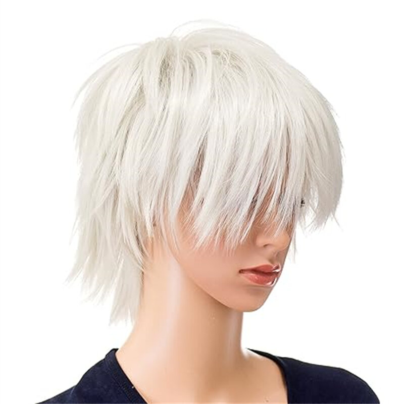 Unisex Fashion Spiky Layered Short Anime Cosplay Synthetic Wig for Men and Women (White)