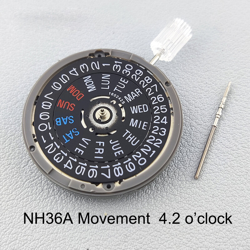 Механические часы NH36/NH36A с автоматическим механизмом, часовая корона на 4,2 часов, черный календарь, английская дата, неделя, часовые механические запасные части