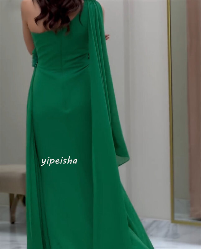 Chiffon Sequined Flower Ruched Graduation A-line One-shoulder Bespoke Occasion Gown Long Dresses