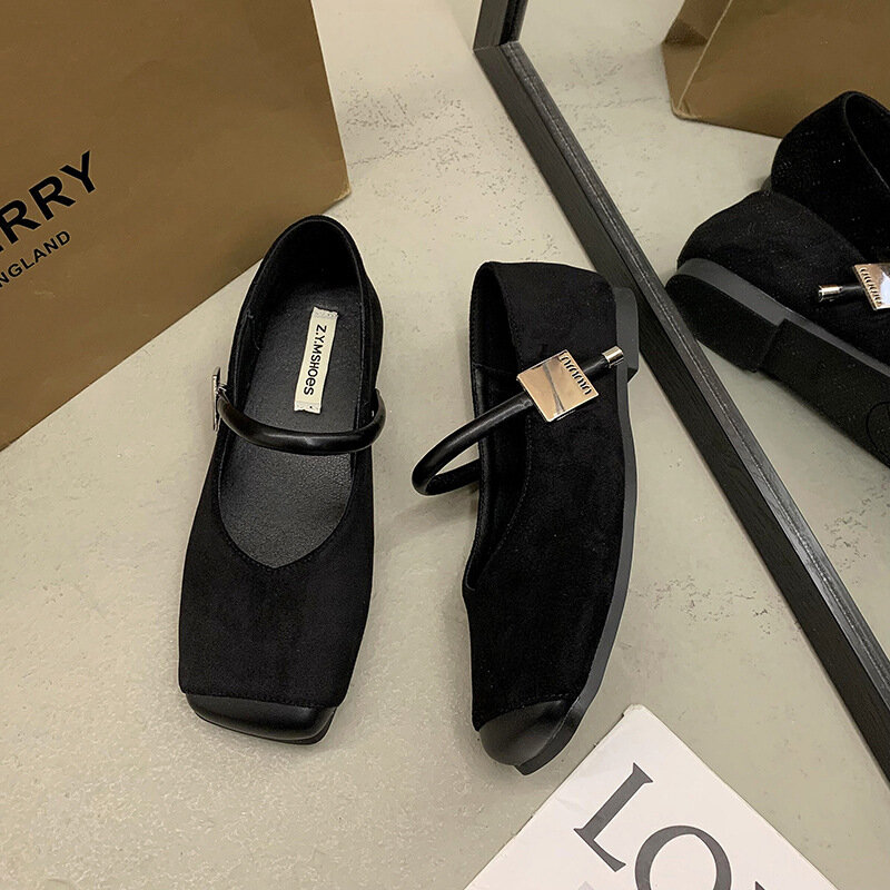 Comemore-zapatos planos Mary Jane de ante para mujer, sandalias de suela suave con punta cuadrada, estilo francés Retro, cómodos, para primavera y verano, 2024