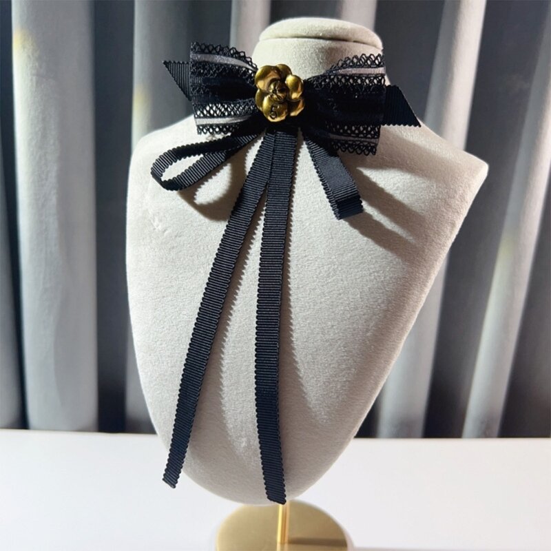 ربطة عنق دانتيل عتيقة مع دبابيس كاميليا قابلة للتعديل بروش مجوهرات فرنسي XXFD