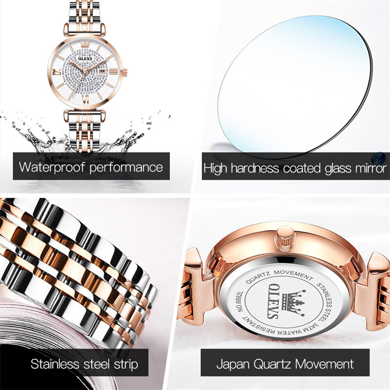 Olevs-女性用高級ダイヤモンドクォーツ時計、ステンレス鋼、防水、カレンダー、ファッションブランド