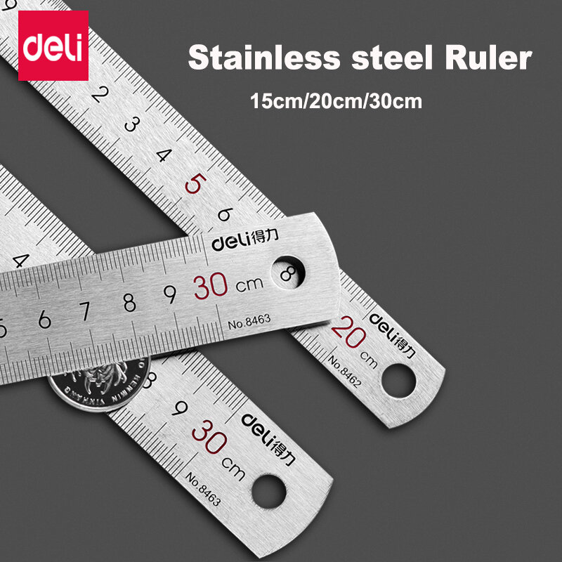 Deli Stainless Steel Metal Ruler 15/20/30cm Straight Line Rulers for School Kids Precision Measuring Drawing reglas Tool Supplie