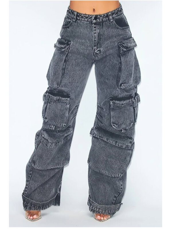 Multi Pocket Jeans einfarbig lose High Street Retro HipHop breite Legpants Trend Mode lässig gerade hohe Taille Jeans Frauen