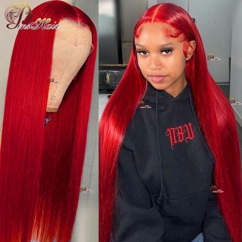 Perruque Lace Front Wig Remy Brésilienne Naturelle, Cheveux Lisses, Rouge, 99J, 13x6/13x4, 180 de Densité, pour Femme