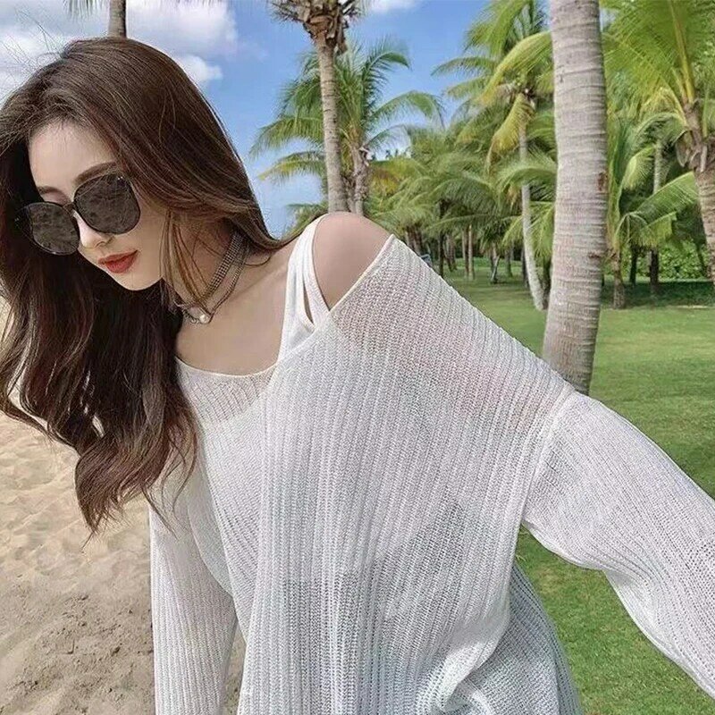 Summer Korean Elegant Women Long Sleeve V Neck Pullovers Ice Silk Knitted Fashion Harajuku Perspective Thin Tops Tee White Grey