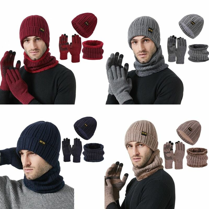 Wool Knitted Hat Warm All-match Ear Protection Pullover Cap Three-piece Set Fleece Woolen Hat Men