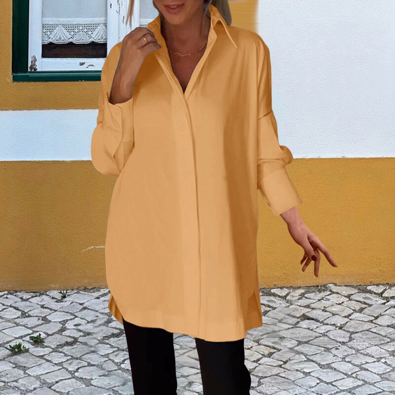 Women Long Sleeve Relaxed Style Blouse Elegant Lapel Casual Loose Shirt For Women Solid Color Fashion Solid  Button Pullovers