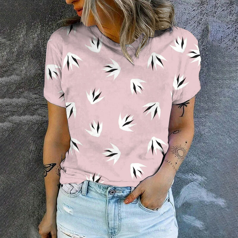 Camiseta de manga corta con estampado para mujer, blusa rosa abstracta transpirable con cuello redondo, Top estampado a la moda, XS-3XL 2024
