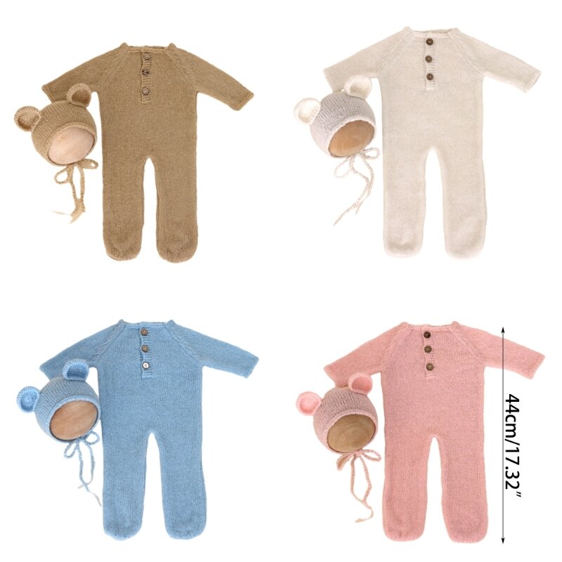 Baby Photography Props Bear Costume Jumpsuit Bear Ear Hat Set Shower Party Props