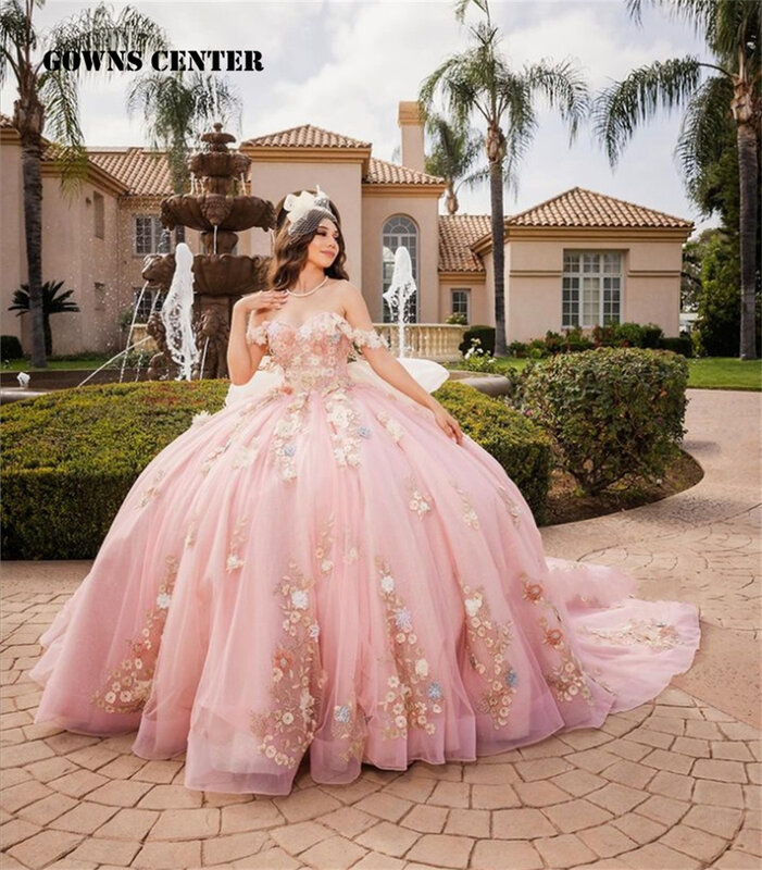 Gorąca wyprzedaż kwiatów koralikowe aplikacje koronkowe rumieniec różowy Quinceanera suknie z kokardami Spaghetti słodki 16 sukienka gorset Vestido De 15 Año