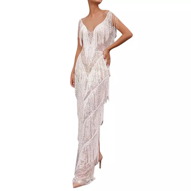 2024 gaun wanita jumbai tanpa lengan Flapper rumbai gaun koktail panjang elegan gaun pesta malam Prom feminino