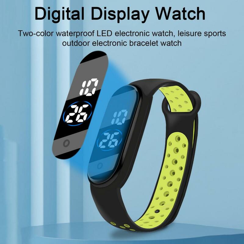 LED Electronic Watch Waterproof Anti-slip Adjustable Bi-color TPU Strap Rectangle Dial Kids Students Sports Digital Wristwatch