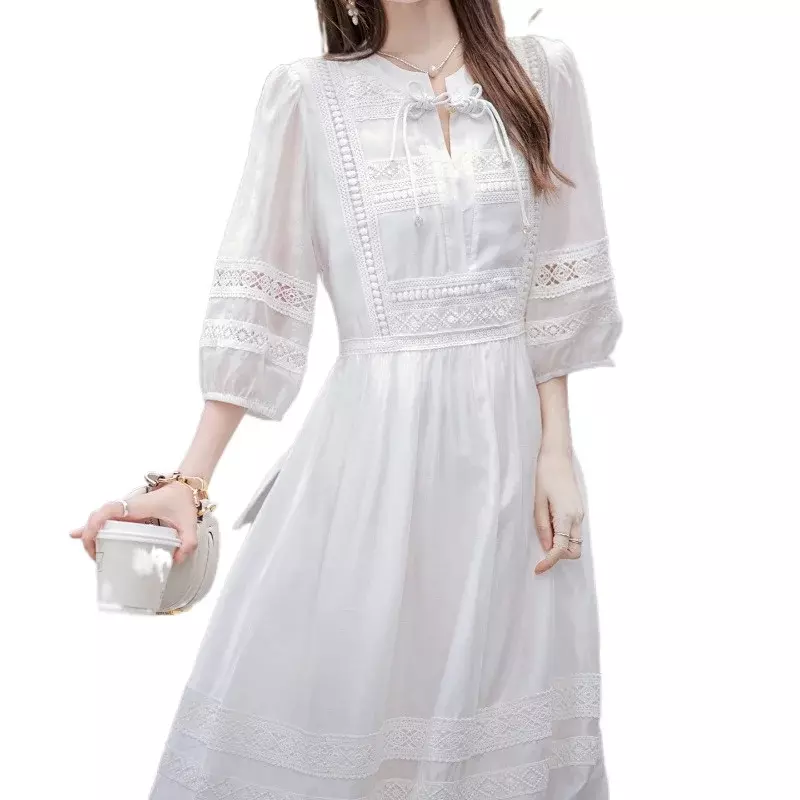 2024 A Womens Lace Casual Loose Hollow Lace Flare Sleeve Female Vintage Casual Beach Tencel Dresses