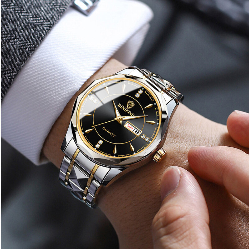 Reloj de pulsera de cuarzo para hombre y mujer, cronógrafo dorado de negocios, resistente al agua, con fecha automática y semana, de acero completo, informal, a la moda
