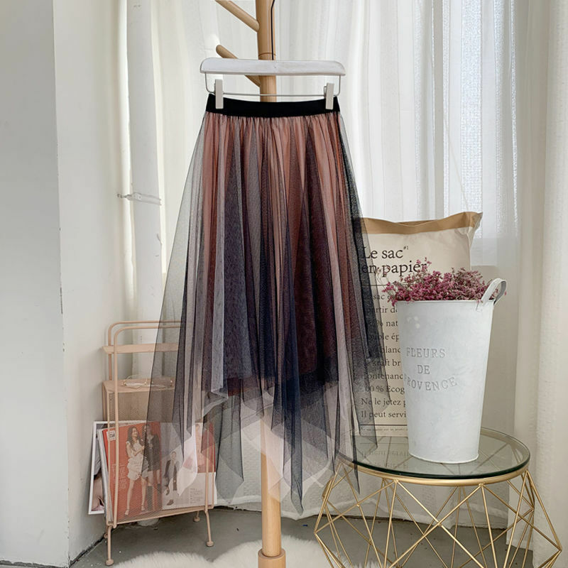 Spring Summer Fashion New Elegant Women Elastic High Waist Two Color Mesh Perspective Long Skirt Party Gift Office Lady Clothing