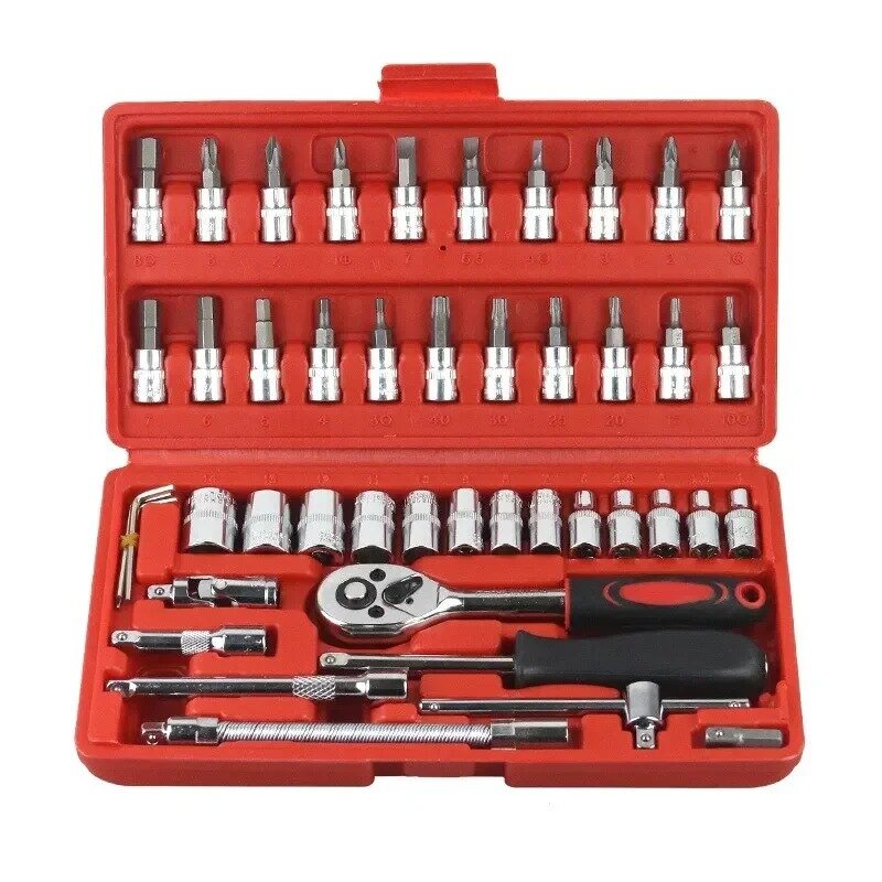 Kit de herramientas de reparación de automóviles, juego de enchufes de 1/4 pulgadas, llave dinamométrica de trinquete, conjunto de reparación de automóviles, herramienta mecánica, 46 piezas