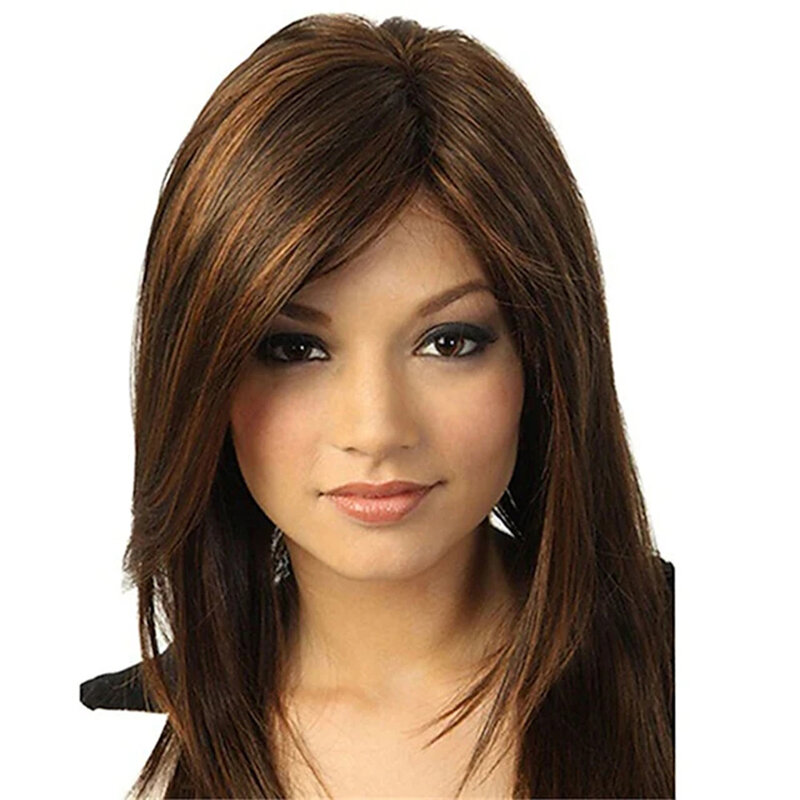 Sintético largo-peluca Lisa asimétrica hecha a máquina, longitud media, marrón, pelucas de pelo sintético