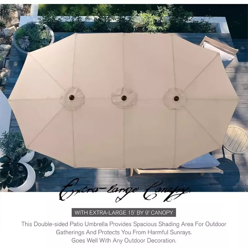 Большой зонт для патио с солнечными лампами, Прямоугольный Открытый Зонт с основанием, двухсторонний сверхпрочный бежевый зонт