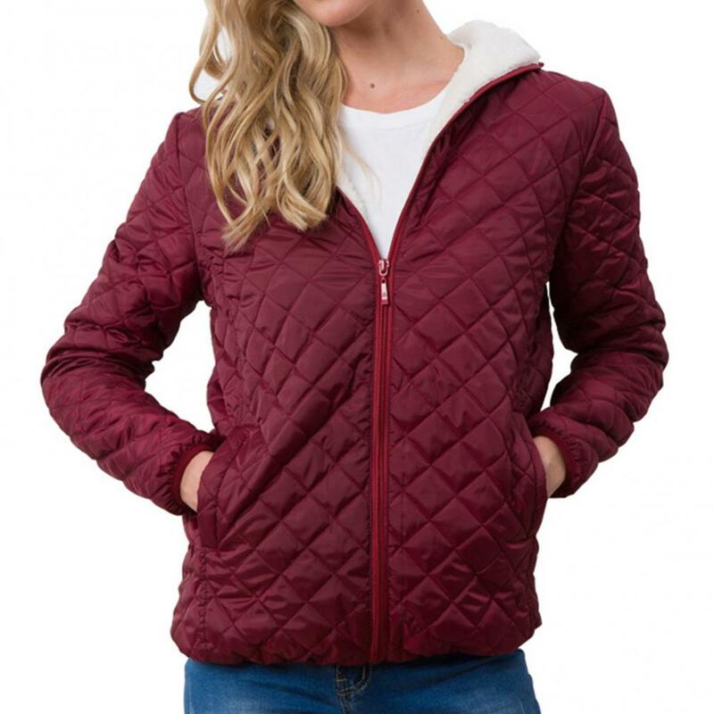 Feminino outono inverno verificar bolsos parka jaqueta de pelúcia forro com capuz casaco outerwear