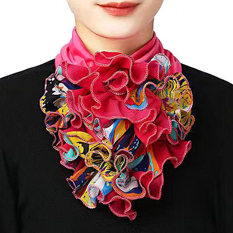 Women Headband Floral Print Chiffon False Collar Neck Scarf Ruffles Neckerchief Detachable Elegant Elastic Warm