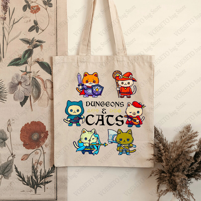 Tas Tote pola dugeon and Cats tas bahu kanvas kucing lucu untuk perjalanan sehari-hari tas belanja wanita dapat digunakan kembali